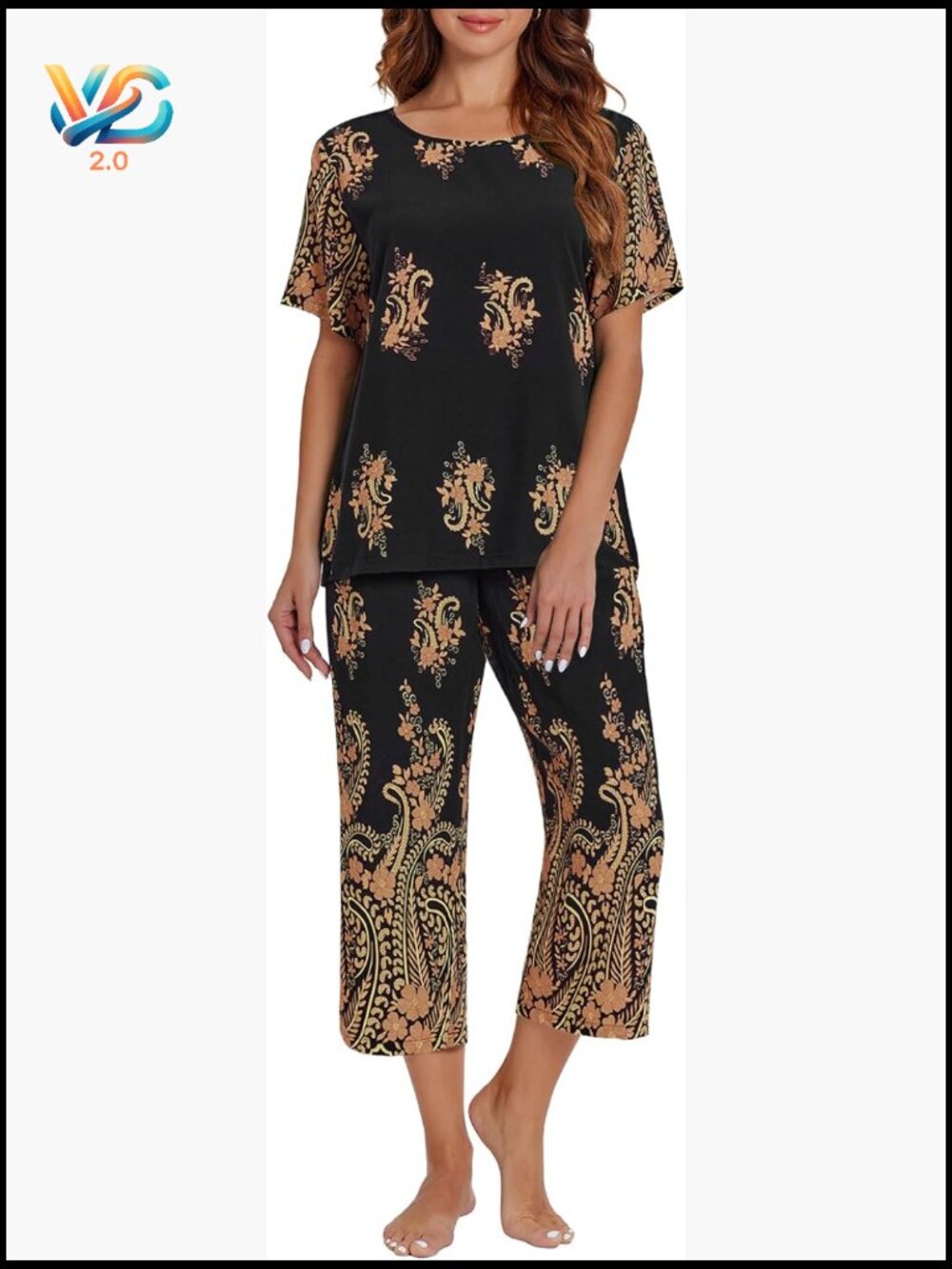 Two Piece Lounge Set Short Sleeve Shirt Capri Pajama with Pockets Pjs Sets